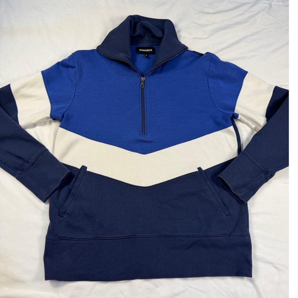 Bonobos Mens Slim Fit Colorblock Quarter Zip Pullover Blue White Navy Small